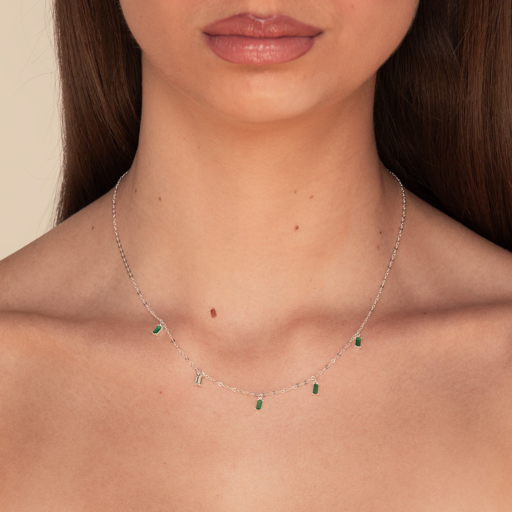 Emerald Green Baguette Dangling Necklace Rose Gold