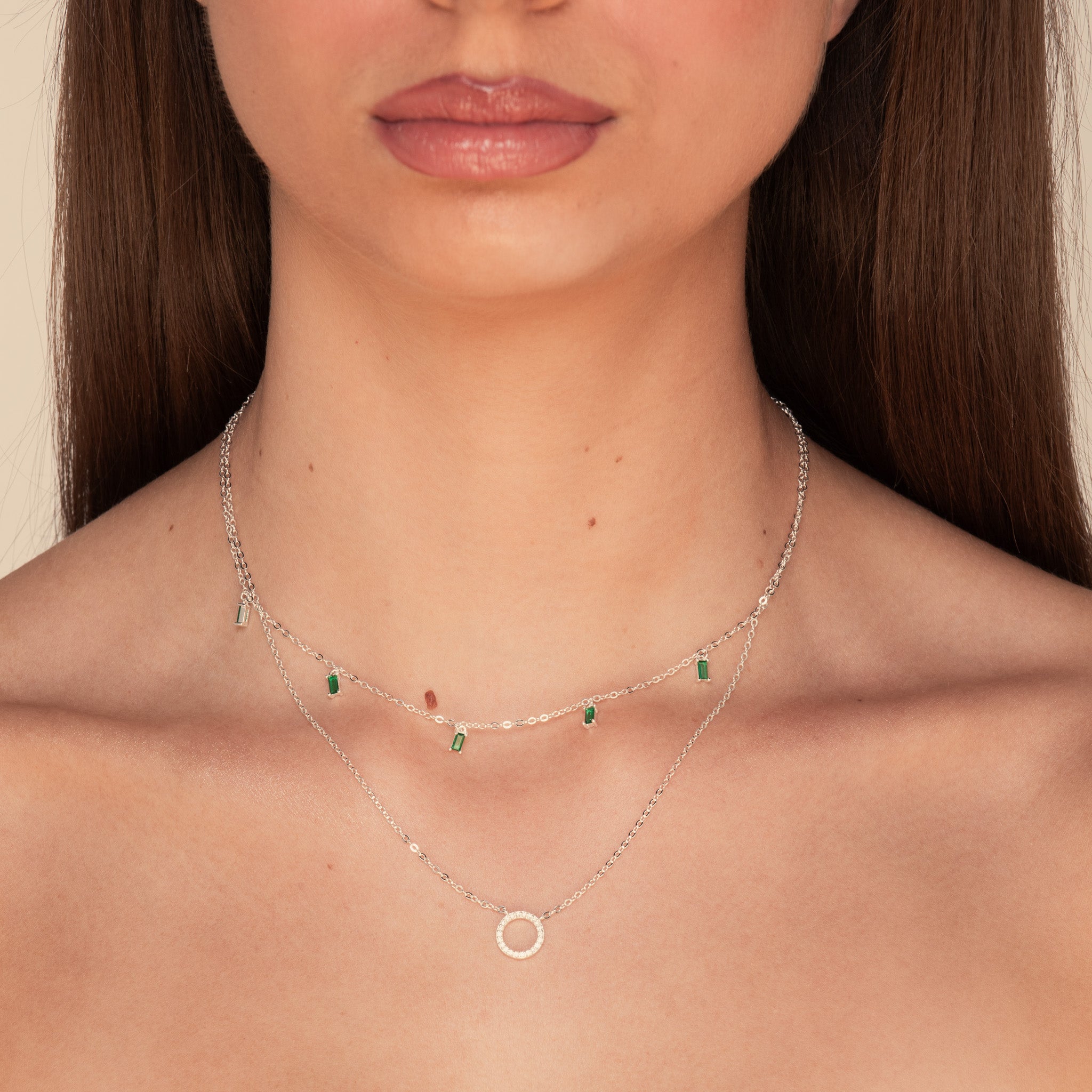 Emerald Green Baguette Dangling Necklace Rose Gold