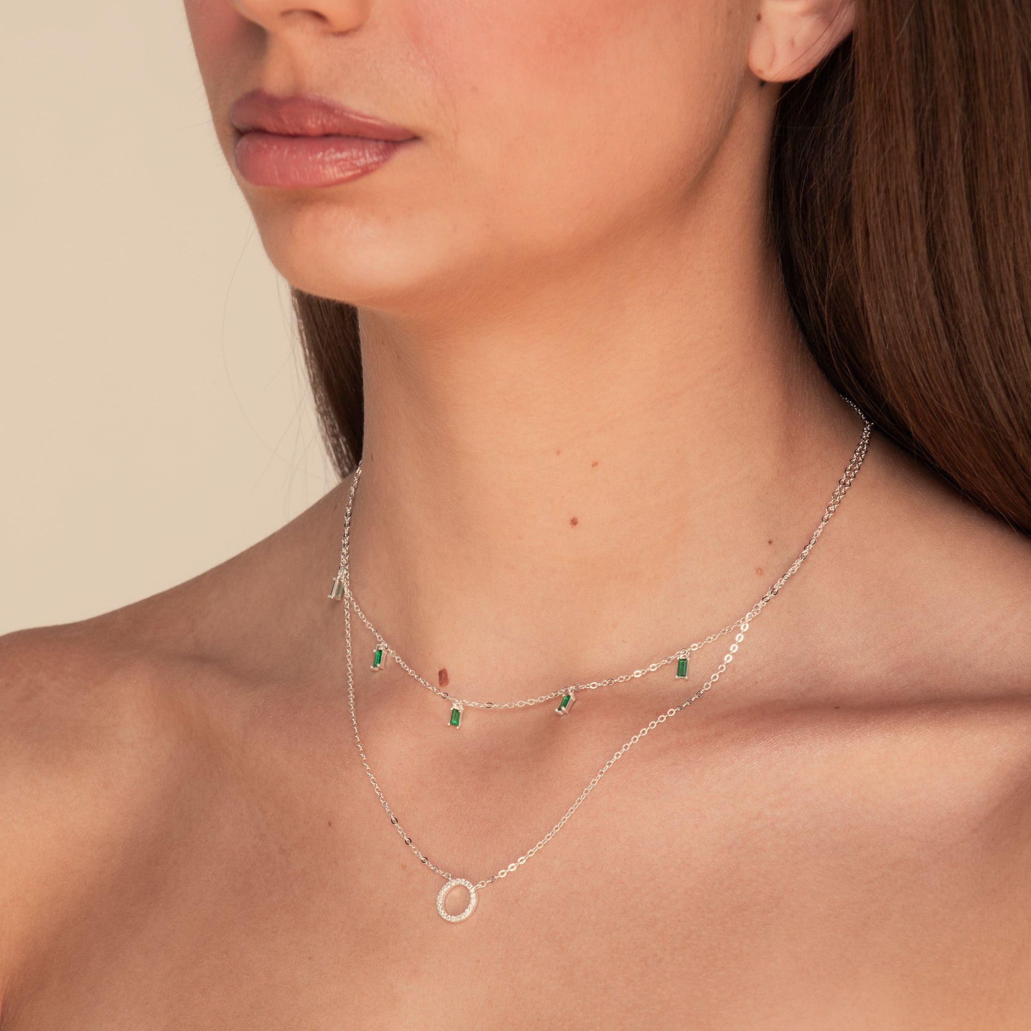 Emerald Green Baguette Dangling Necklace Silver