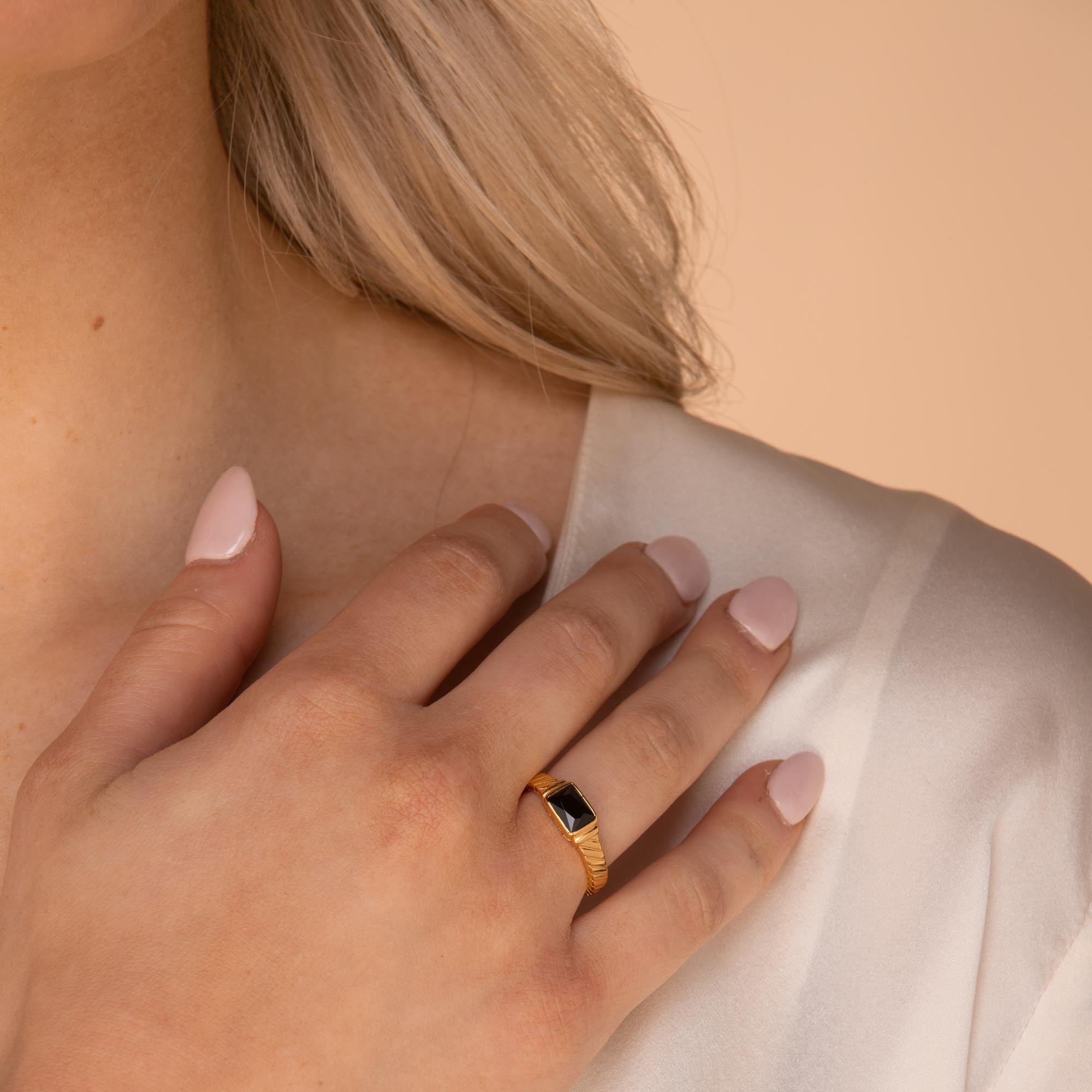 Black Baguette Open Ring Gold