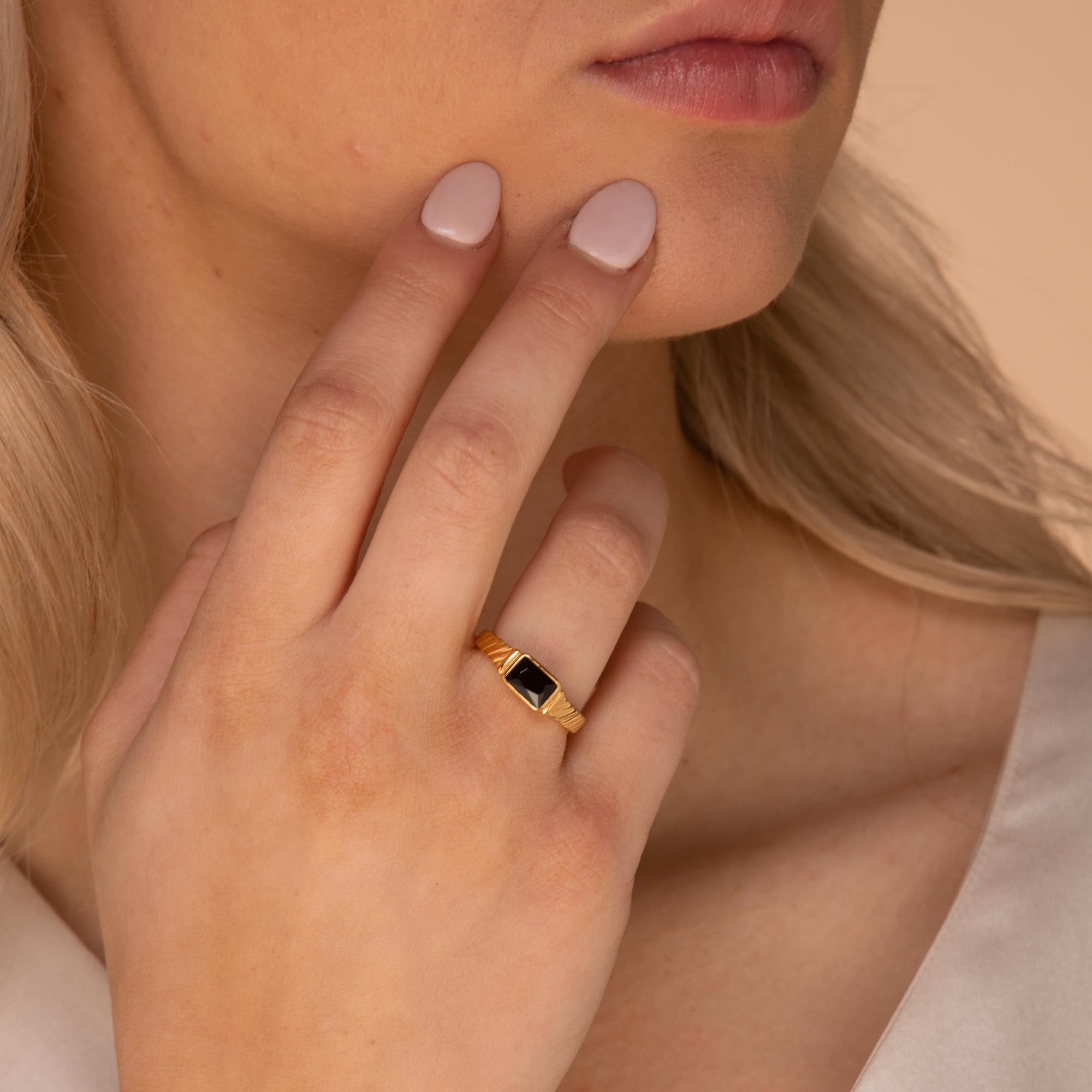 Black Baguette Open Ring Gold