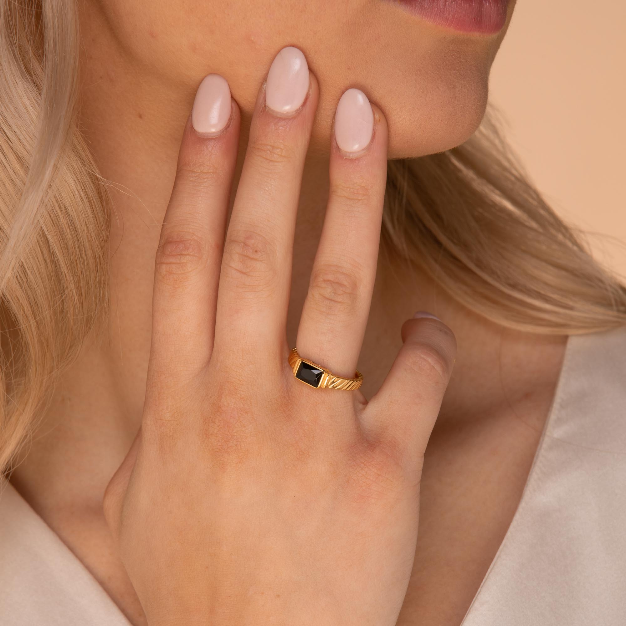 Black Baguette Open Ring Gold