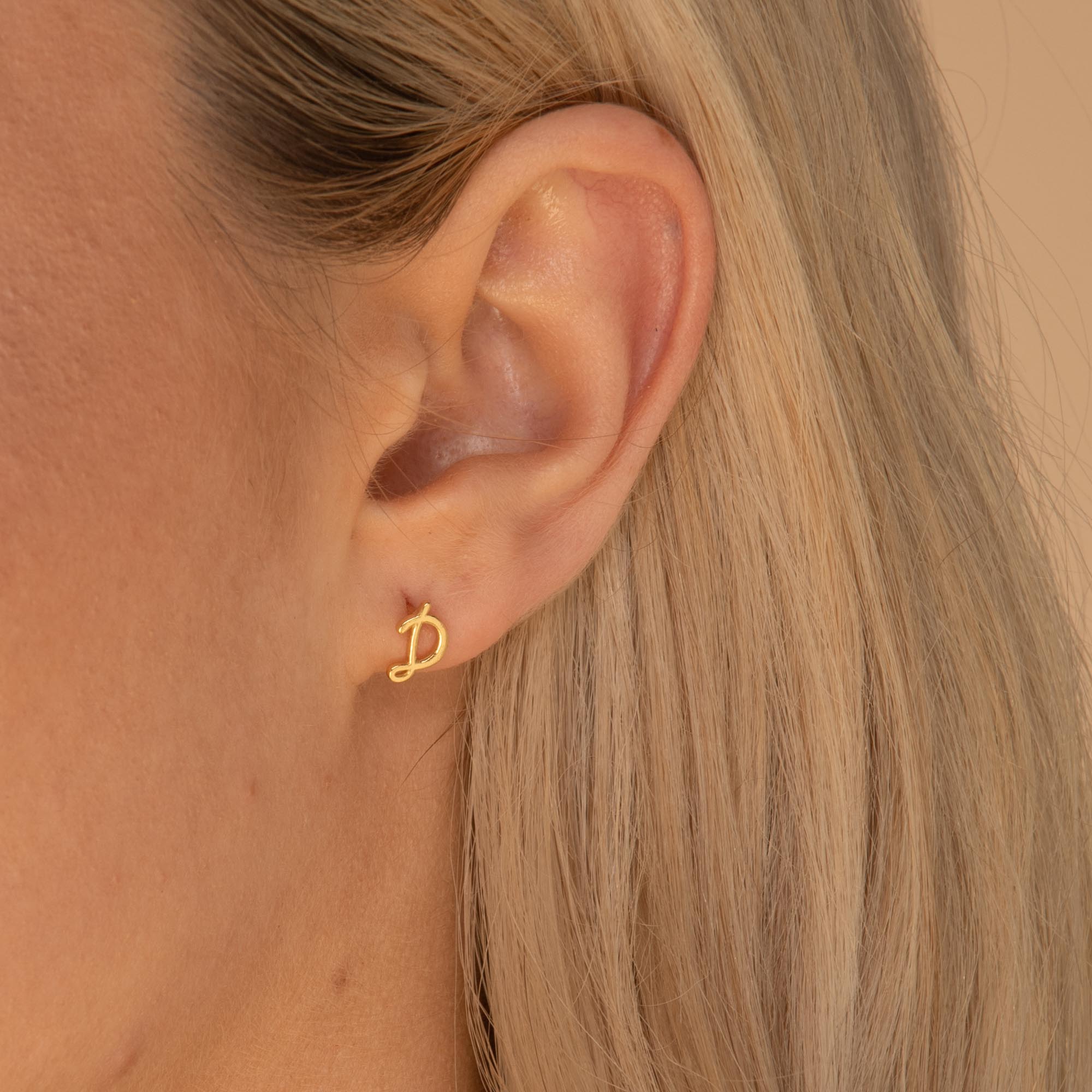 Script Initial Letter Stud Earrings Gold