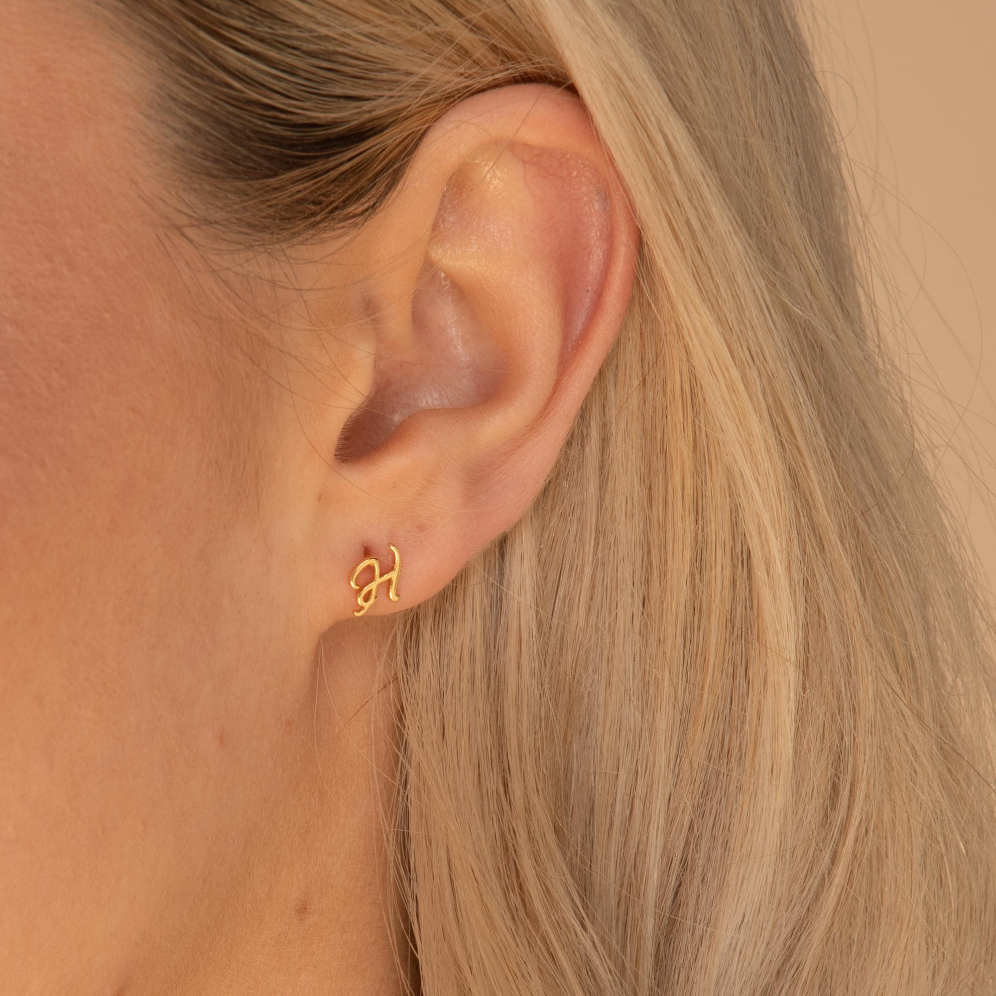 Script Initial Letter Stud Earrings Rose Gold