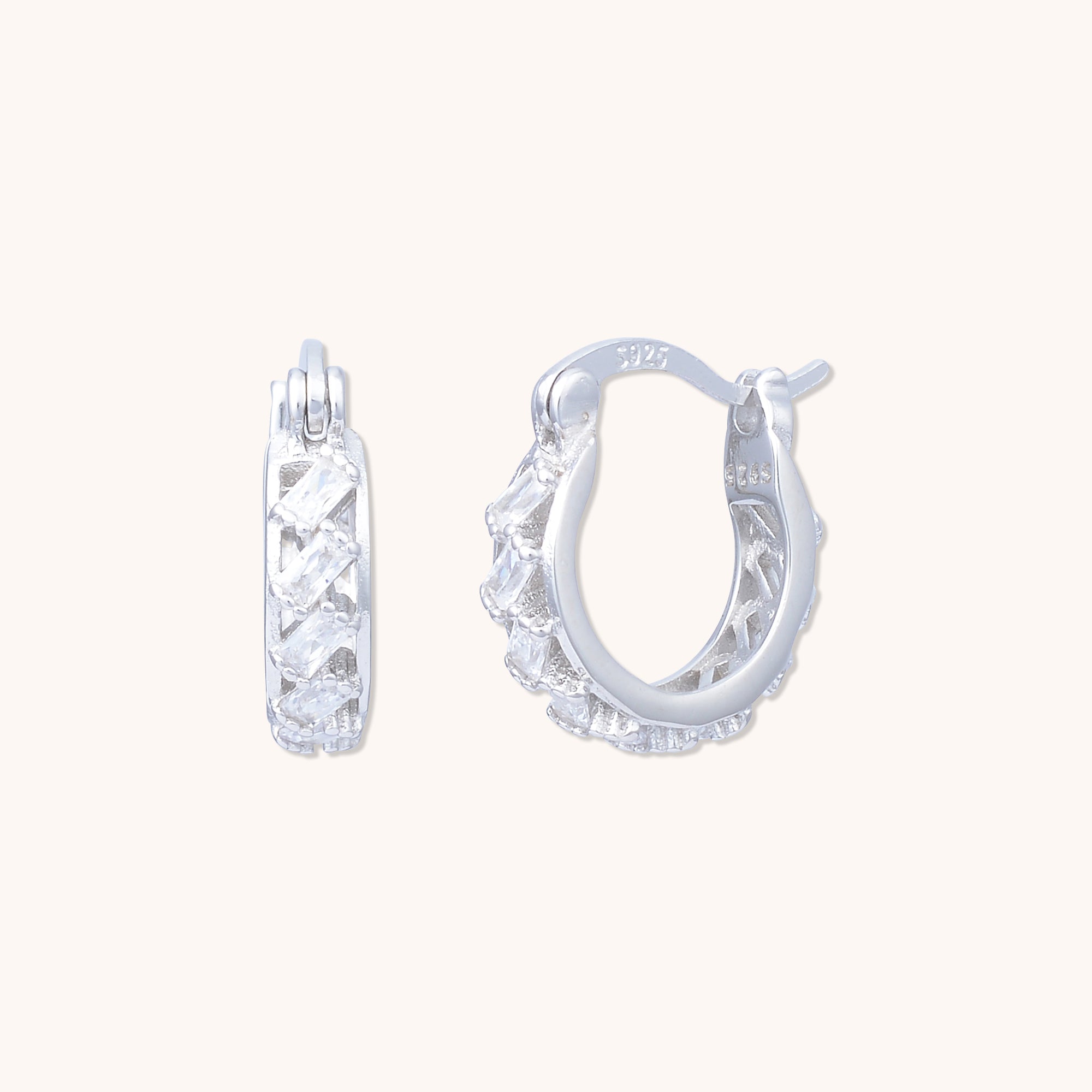 Floating Baguette Huggie Earrings Silver