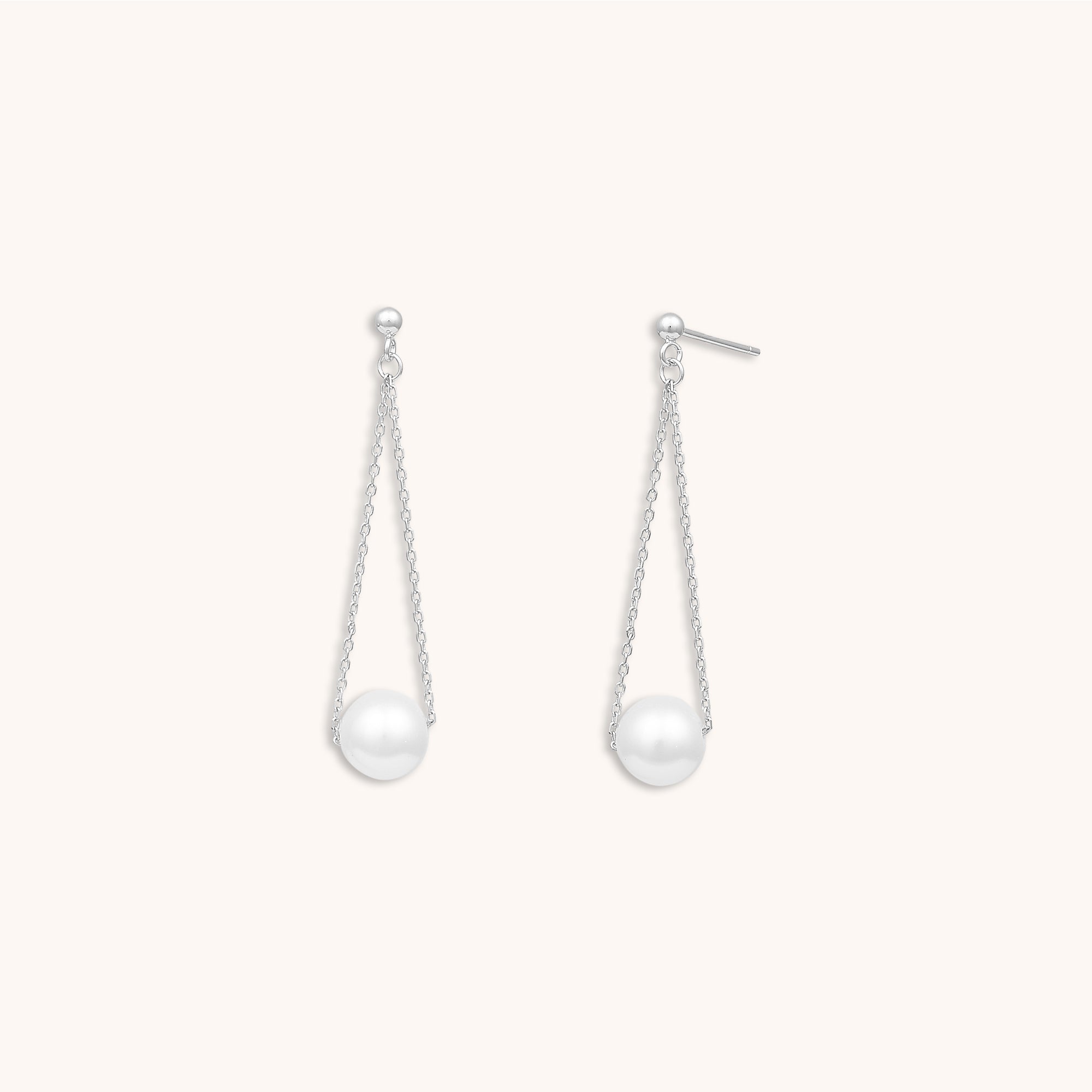 Haze Pearl Long Chain Stud Earrings Silver